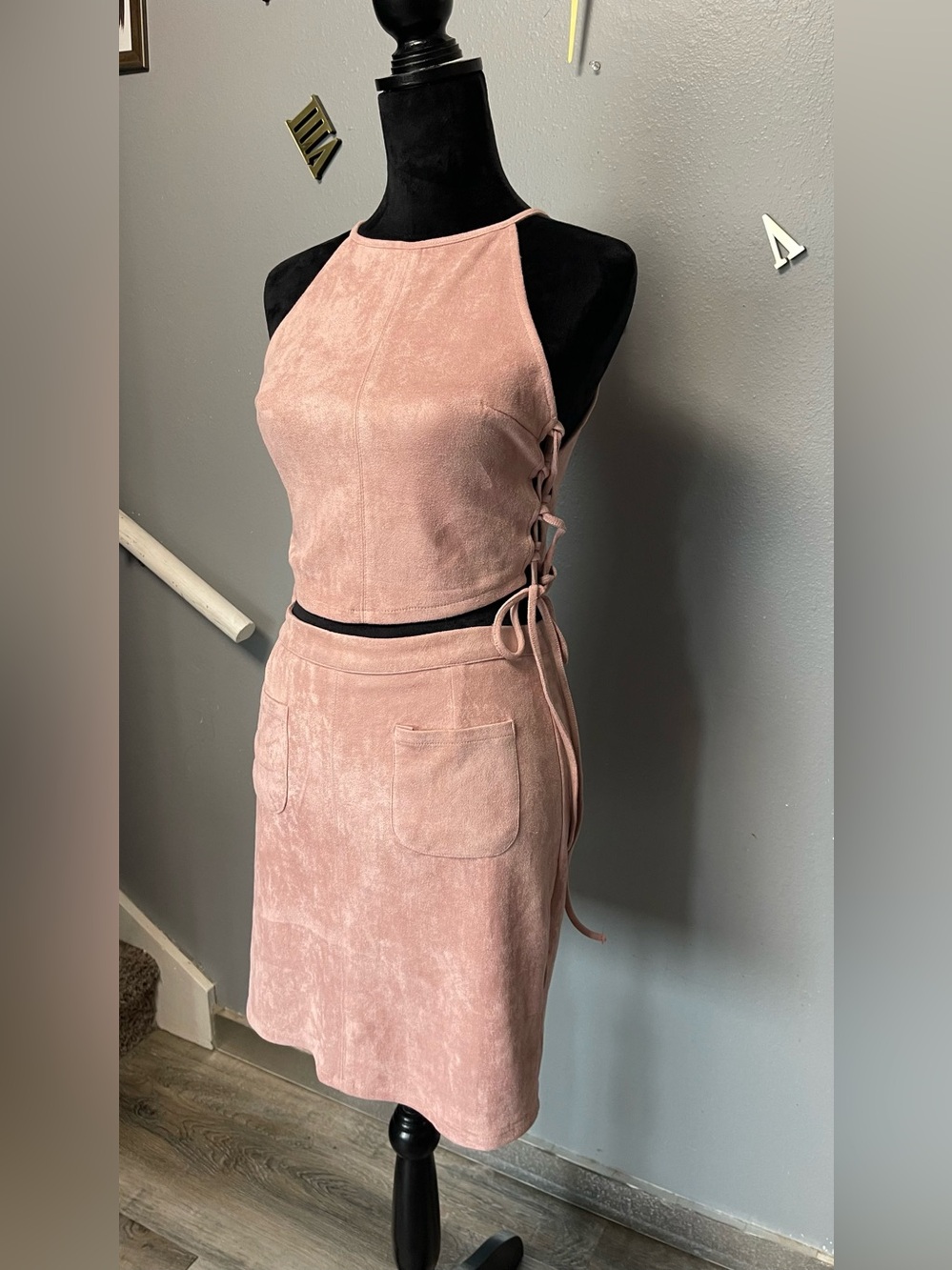 Missguided Blush Pink Suede Tank and Skirt Set